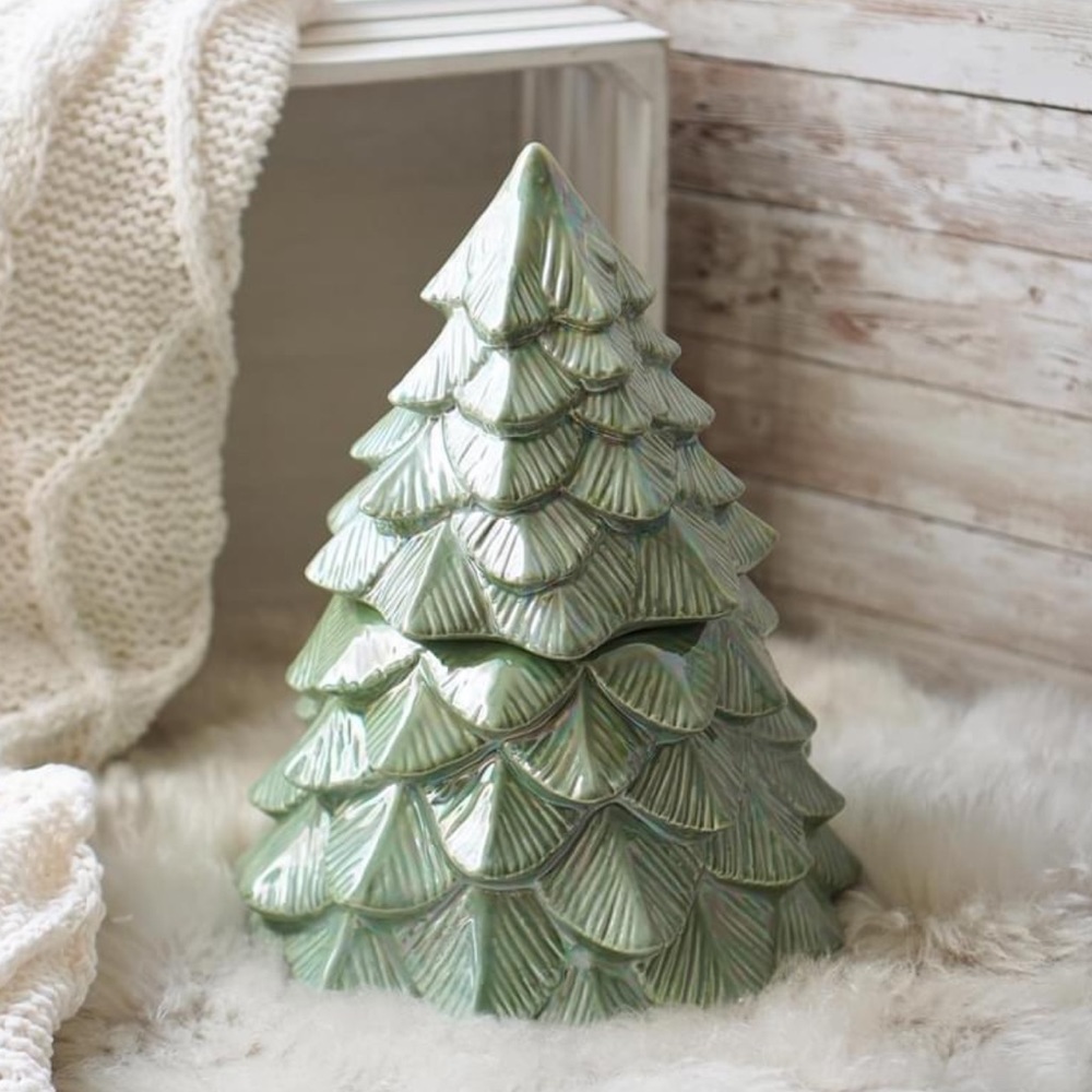 QVC HomeWorx by Harry Slatkin green Iridescent Ceramic 14oz. Tree Candle NWT
